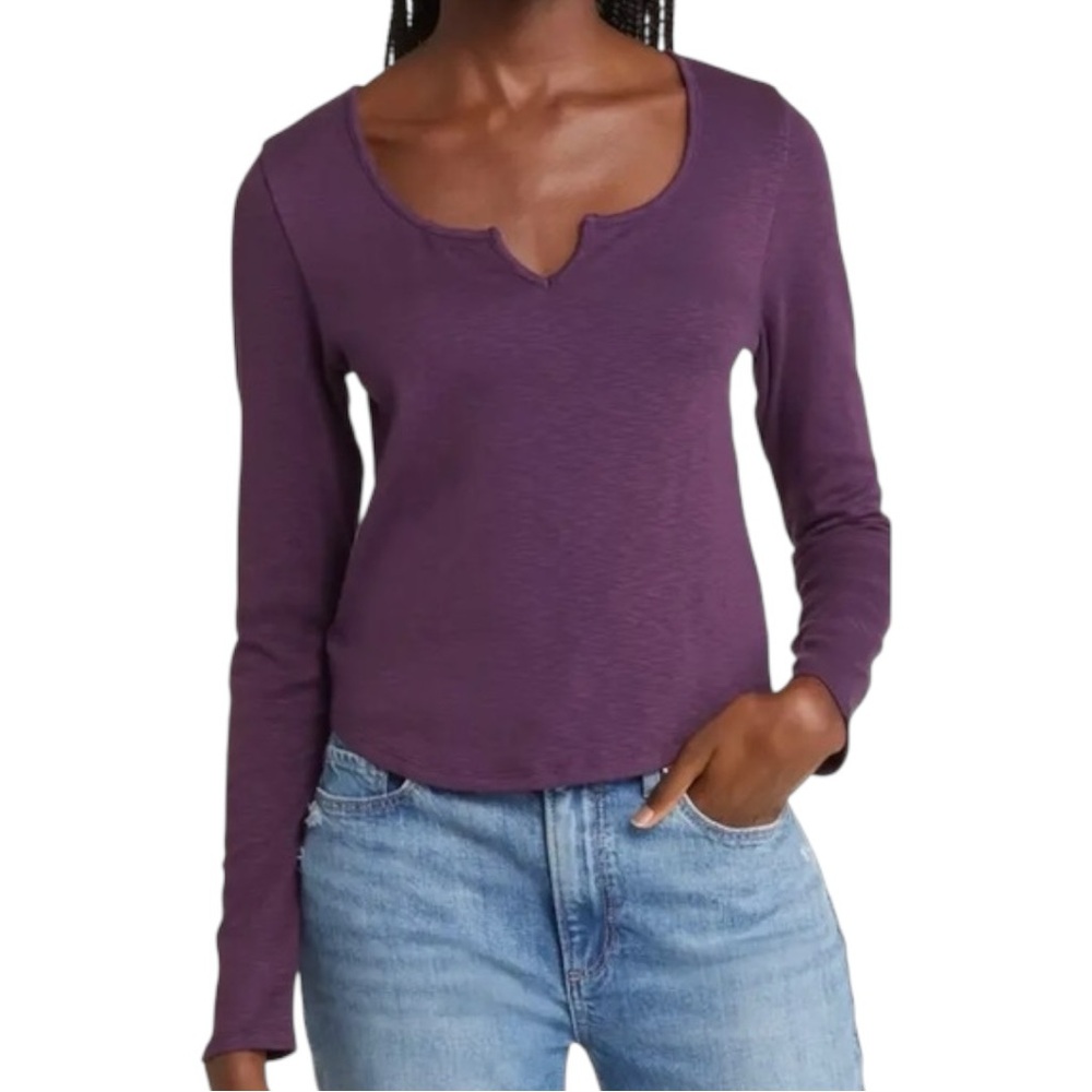 NWT Madewell Splitneck Long Sleeve Shirt Cropped Top Purple Heather Size Medium - Picture 2 of 11